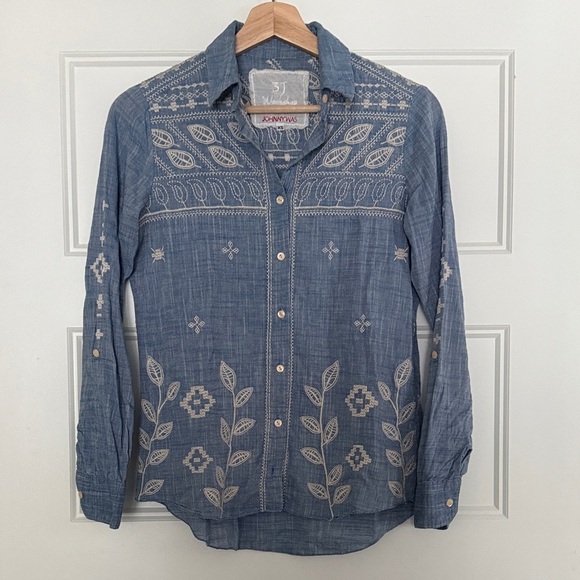 Johnny Was Tops - Johnny Was Denim Blue Embroidered Shirt